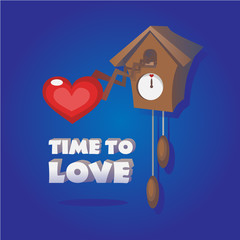 Old clock with a heart on a blue background.