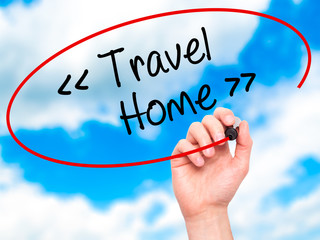 Man Hand writing Travel - Home with black marker on visual scree