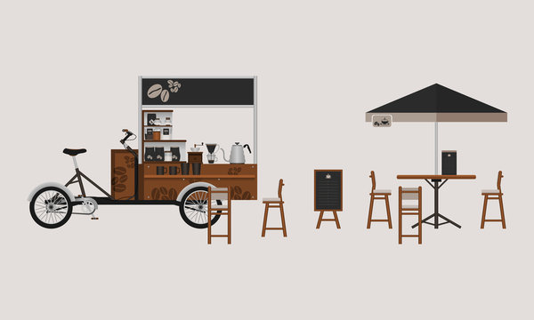 Detailed Outdoor Bicycle Coffee Stand Vector Illustration with Table, Chairs, Menu Display, and Brewing Equipment for Mobile Shop Concept