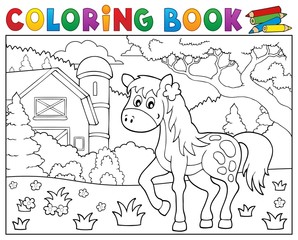 Coloring book horse near farm theme 1