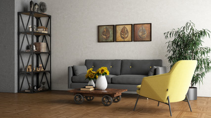 Industrial interior design with sofa, armchair and bookcase