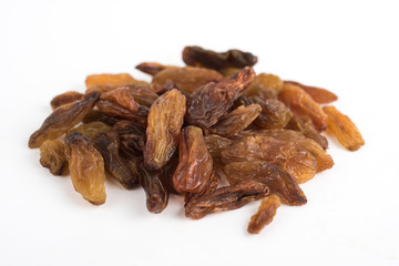 Dried long raisins on a white background top front view
