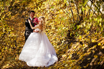 Fototapeta na wymiar Charming bride and elegant groom on landscapes of mountains, nea