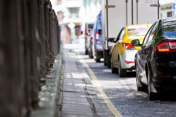 Traffic jams in the big city. Line of cars in the street. Road in a rush hour. 