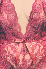 Sexy decolletage in sensual reddish lingerie on a  beautiful woman's body, vintage concept