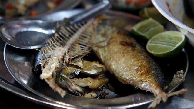 Grilled mackerel with fishbone on dish