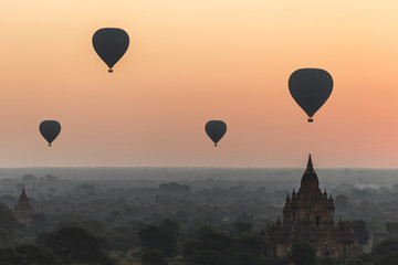 Hot air balloon over landscape of Bagan, Myanmar.