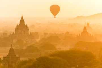 Hot air balloon over landscape of Bagan, Myanmar.