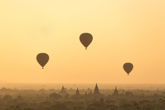 Hot air balloon over landscape of Bagan, Myanmar.