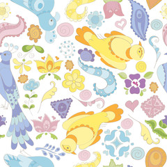 Seamless vector pattern with birds, flowers and feathers