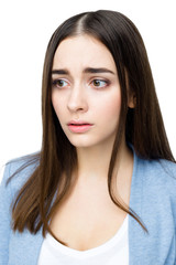 Close up portrait of Beautiful woman with sad expression on white background