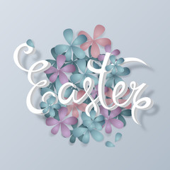Easter lettering design with egg and flowers. Creative spring ba