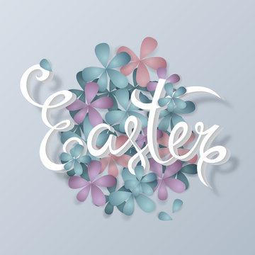 Easter lettering design with egg and flowers. Creative spring ba