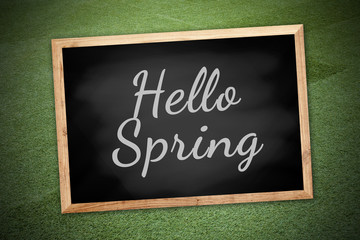 Hello spring concept on chalk board and green field background a