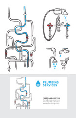 Сантехника. Сервис. Узор из водопроводных труб. Логотип и визитка.