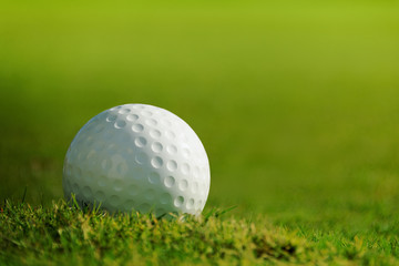 Golf ball on course with green grass