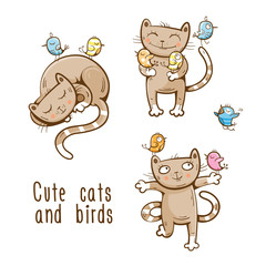 Vector cartoon cats and birds set. Cats and birds are best friends.