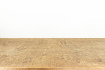 Brown wood plank texture background with white wall for product