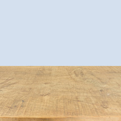 Brown wood plank texture background with blue wall for product s