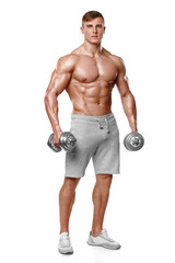 Sexy athletic man showing muscular body with dumbbells, full length, isolated over white...