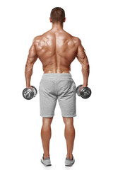 Fototapeta na wymiar Sexy athletic man showing muscular body with dumbbells, rear view, full length, isolated over white background. Strong male naked torso