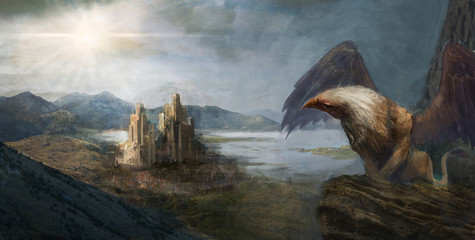 griffin on mountain near castle