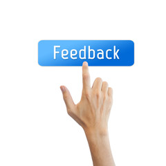 Feedback button with real hand isolated on white background