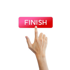 Finish button with real hand isolated on white background