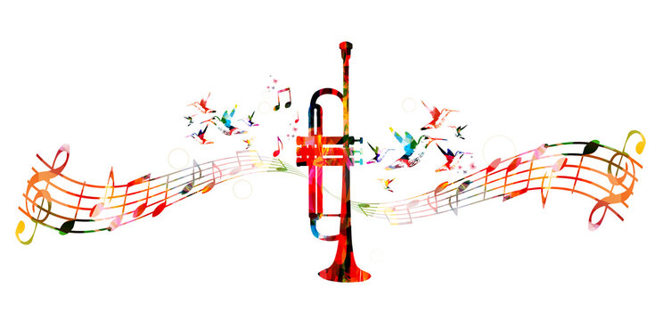 Colorful trumpet design with hummingbirds