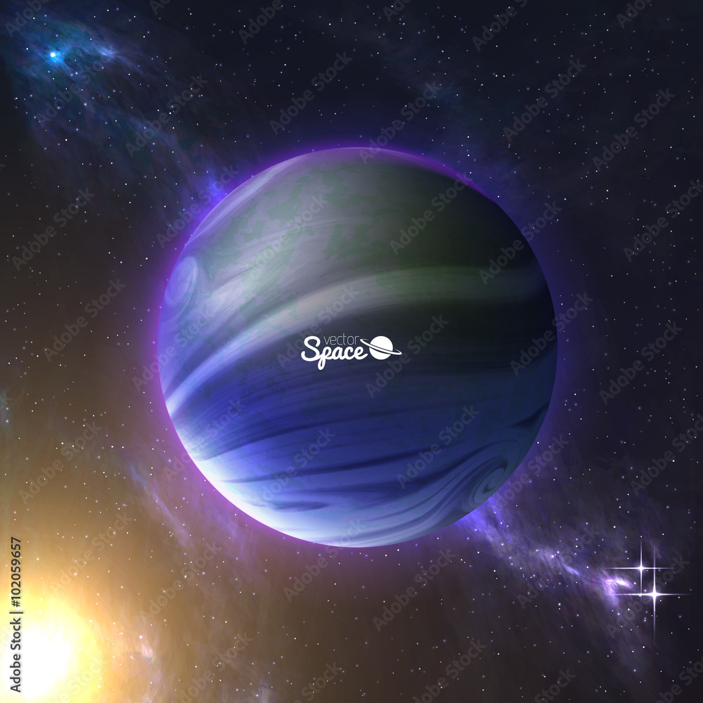Wall mural earth-like planet and the sun behind on space background. exoplanet with atmosphere. vector illustra
