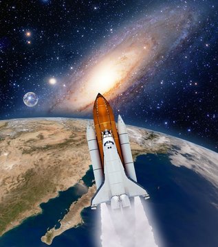 Shuttle rocket ship launch milky way galaxy planet moon space. Elements of this image furnished by NASA.