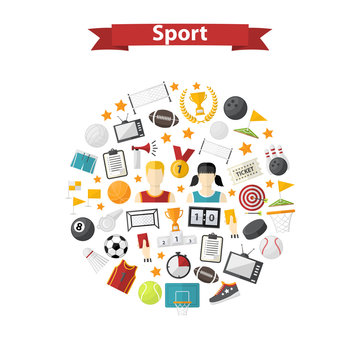 Vector sports icon,sign,symbol,pictogram set,collection in flat style isolated on a circle , with sport horn,soccer ball,cup,scoreboard,whistle,badge,sneakers,Different equipment.Sports games