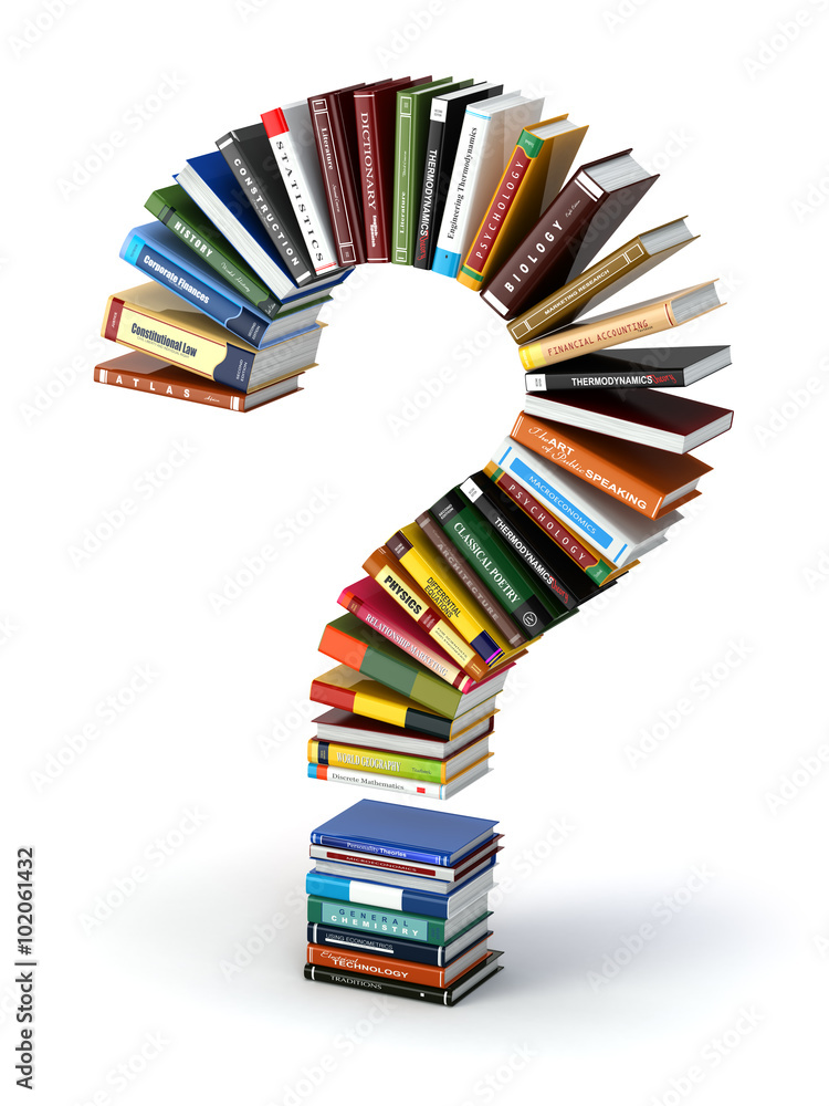 Poster Question mark from books. Searching information or FAQ edication