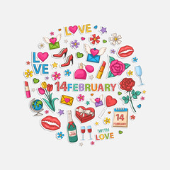 14 February set  in the form of a circle.With shadow,isolated on a white background.Hand Drawn.Scrapbook.Sticker.With letter,perfume,text,lipstick,hearts,womens shoes,champagne,glasses,email,love