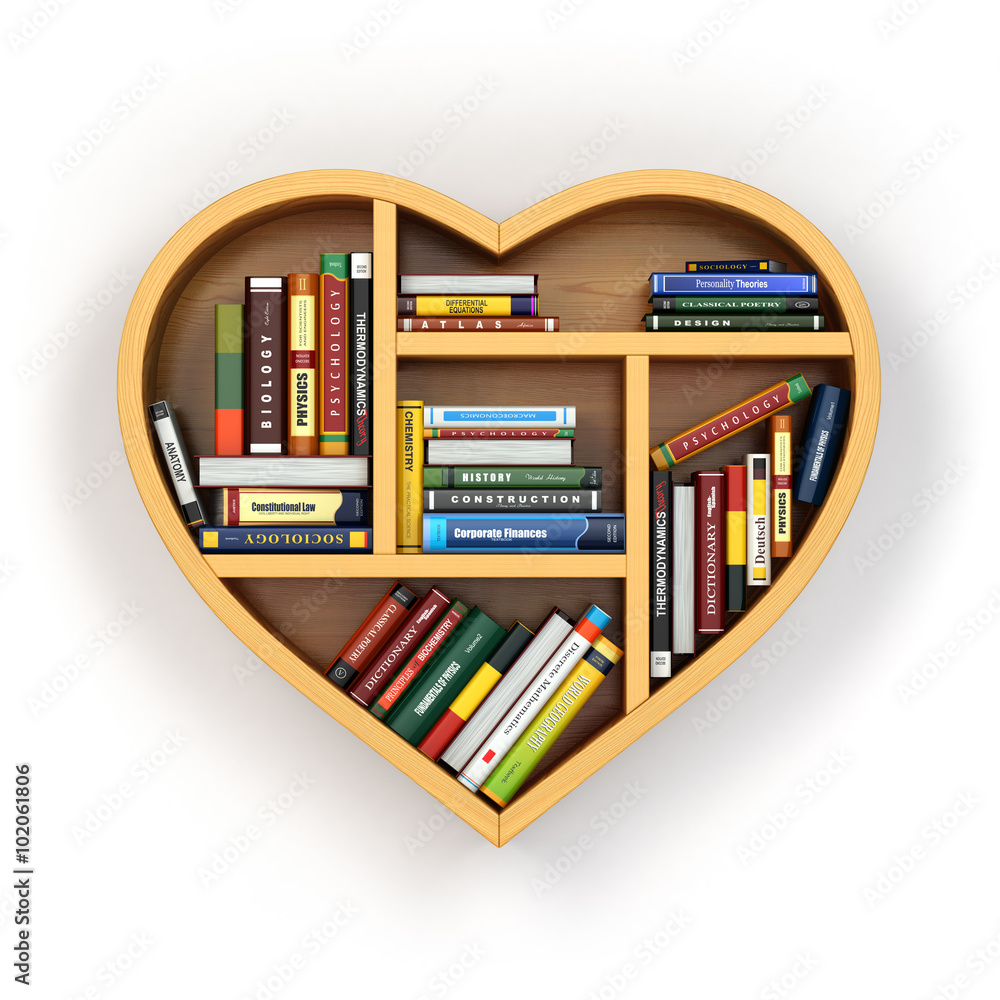 Poster Education concept. Bookshelf with books and textbooks in form of