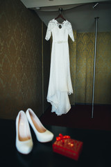 Wedding bride's white shoes
