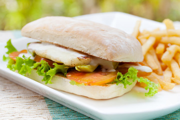 Vegetarian Ciabatta with tomatoes, grilled cheese haloumi, avocado and lettuce with french fries on white plate Summer background