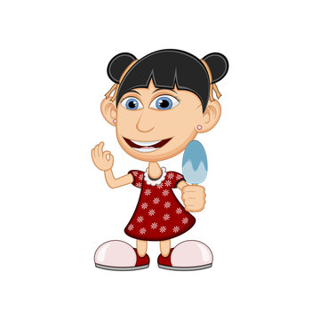 Little girl eating ice cream cartoon vector illustration