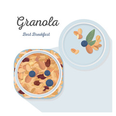 A jar of granola with blueberries, healthy breakfast. Vector illustration.