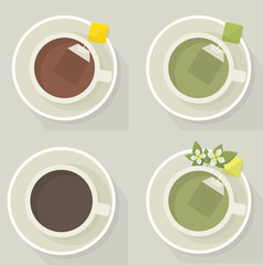 Hot drinks assortment: tea and coffee. Flat lay.