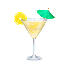 Martini glass with cocktail with lime and umbrella