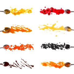 Set of 8 sauces and toppings for pancakes isolated on white. orange, raspberry and apricot jam. Maple syrup, honey, red and black caviar, chocolate. Collection of sauces for pancakes, waffles, crepes.