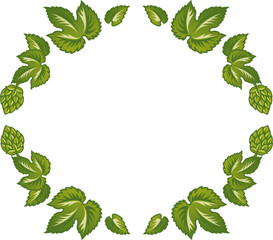 Decorative frame of green leaves and hop cones.
