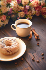 Morning coffee in a white cup on a brown table with flowers and cinnamon