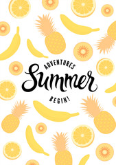 Summer calligraphic retro poster with fruit background. Vector illustration. Eps 10.