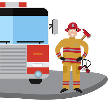 Firefighter vector icon set. A collection of fire themed symbols including firefighter, fire truck and fireman, , attributes, sets fire brigade. Vector eps10 illustration.