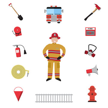 Firefighter vector icon set. A collection of fire themed symbols including firefighter, fire truck and fireman, , attributes, sets fire brigade. Vector eps10 illustration.