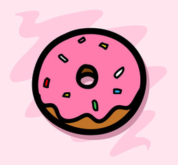 Donut Icon , a hand drawn vector illustration of a glazed donut (the donut, shadow backdrop,and the background are on separate groups for easy editing).
