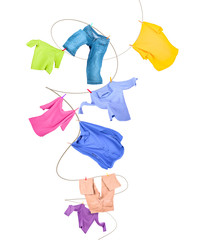 Laundry line with clothes isolated on white background