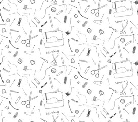 Hand drawn sketch seamless pattern sewing accessories vector